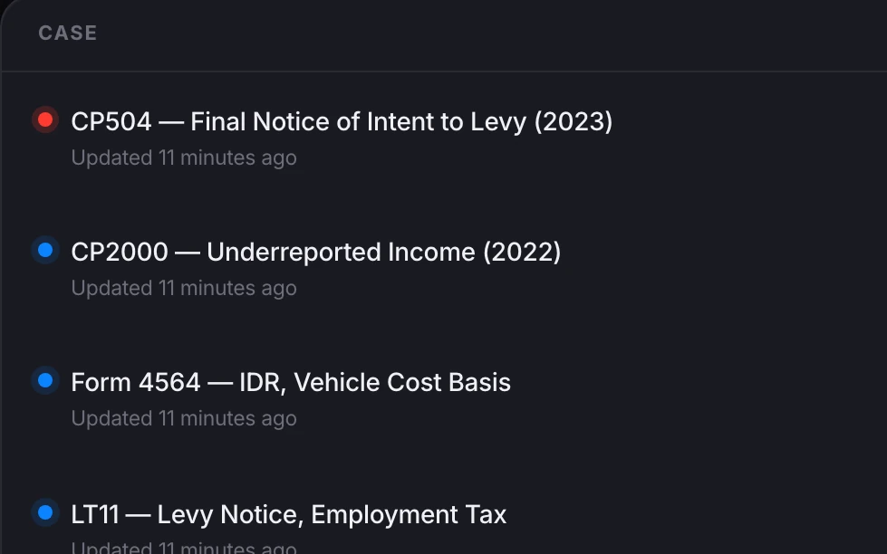 Aldyn's case list, with each IRS notice tracked as its own case: CP504 Final Notice of Intent to Levy, CP2000 Underreported Income, and Form 4564 IDR.