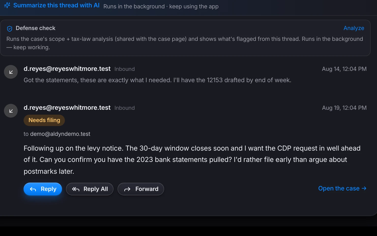 Aldyn's Defense check panel, which runs a case's scope and tax-law analysis against a mail thread and reports what it flagged.