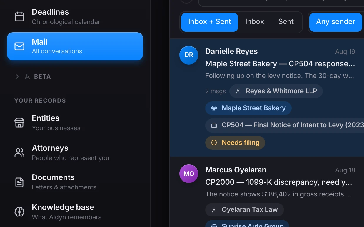 Aldyn's mail view, with Inbox and Sent filters and threads auto-tagged by taxpayer entity, related IRS case, and filing status.
