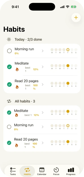 Goaldyn's habits screen, showing today's completion and a weekly streak grid.